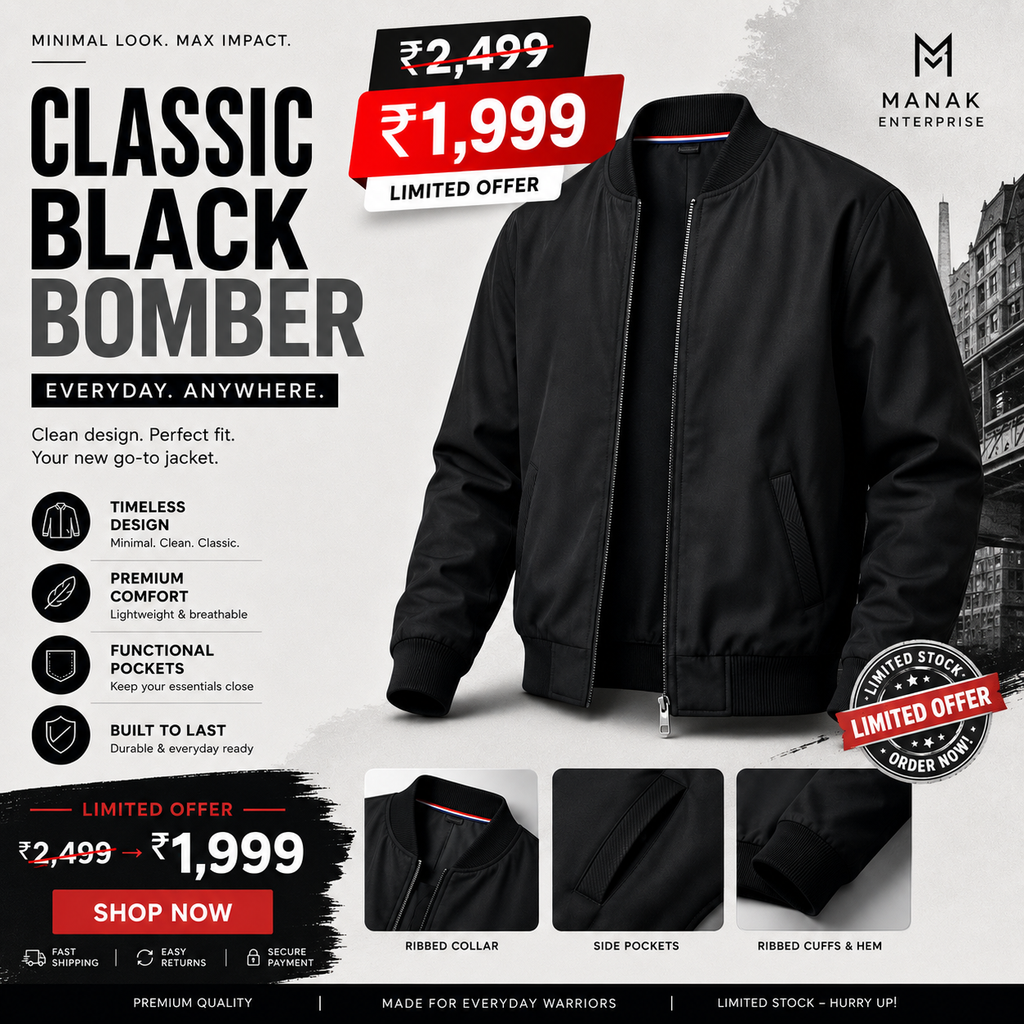 Midnight Black Bomber Jacket – Premium Minimal Streetwear