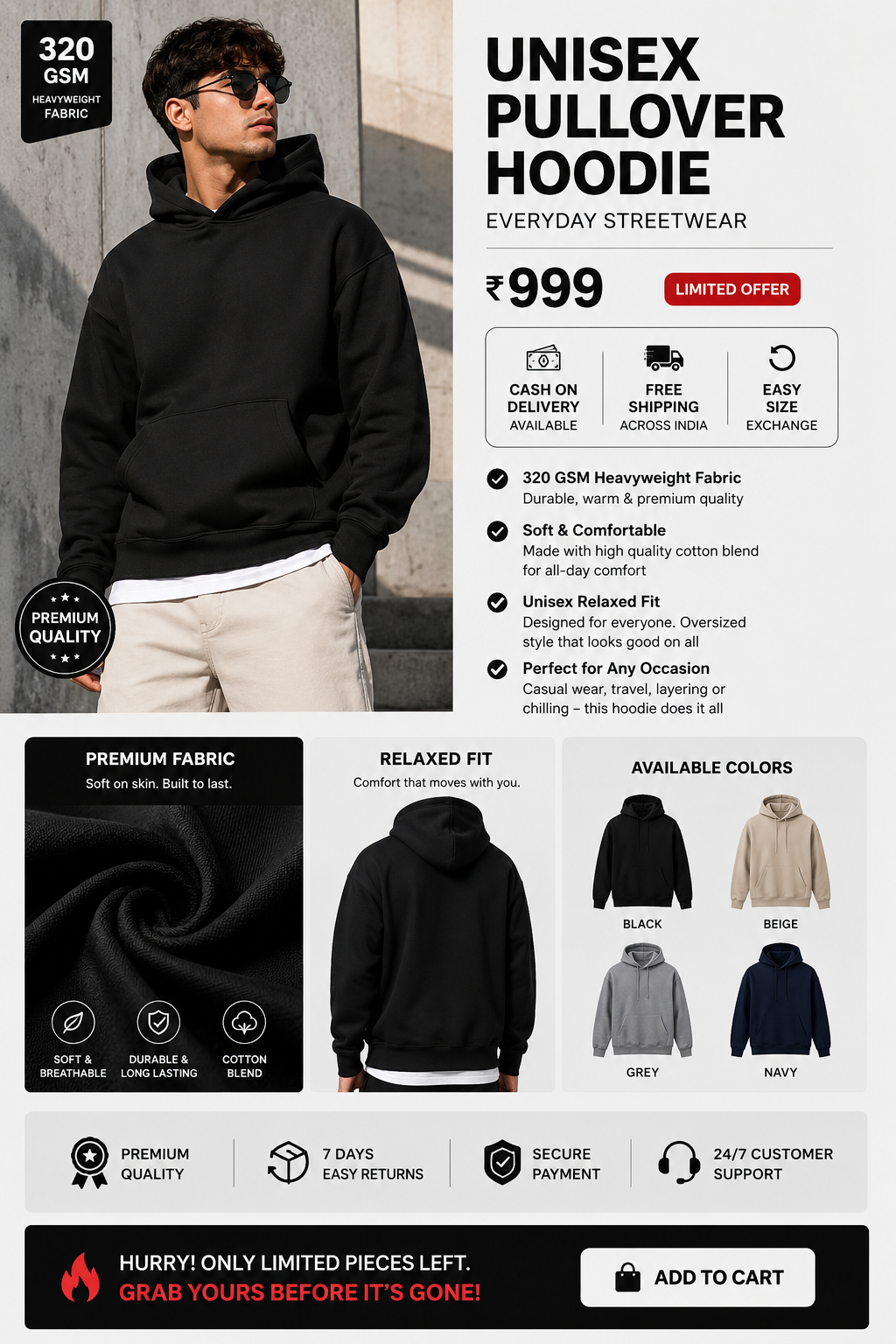 Unisex Pullover Hoodie – 320 GSM Premium Cotton | Everyday Streetwear